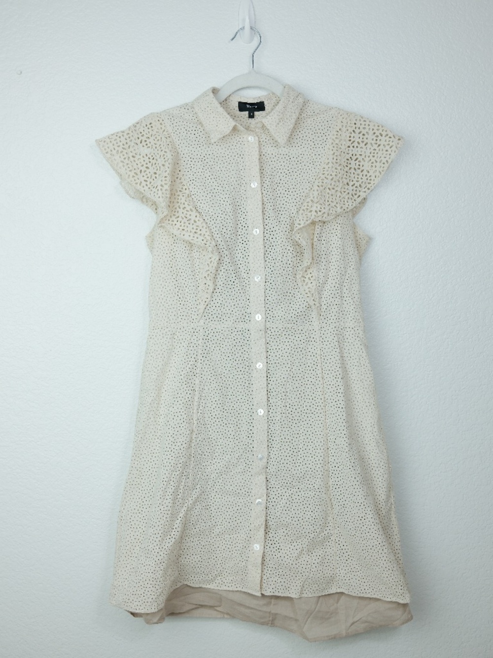 Theory Eyelet Embroidered Ruffle Sleeve Shirt Dress Women's Size 10 - MSRP $395T